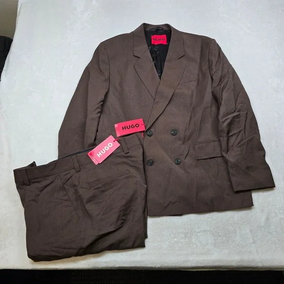 Hugo‎ Boss Double Breasted Suit Mens 40S Pants 36x32 Brown Modern Super 100 NEW
